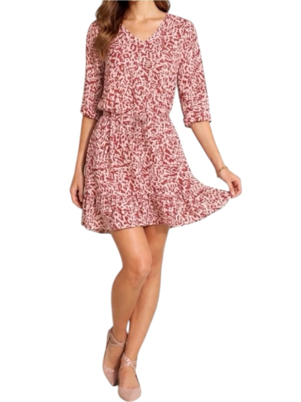 Cabi Sienna Animal Print V-Neck Adjustable Waist Ruffle Dress